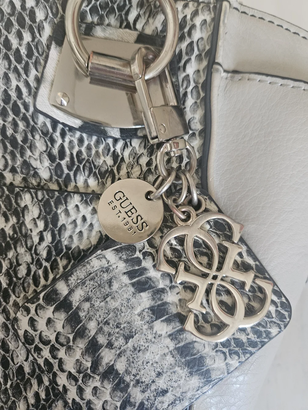 Guess Snake-Print Satchel in White and Black